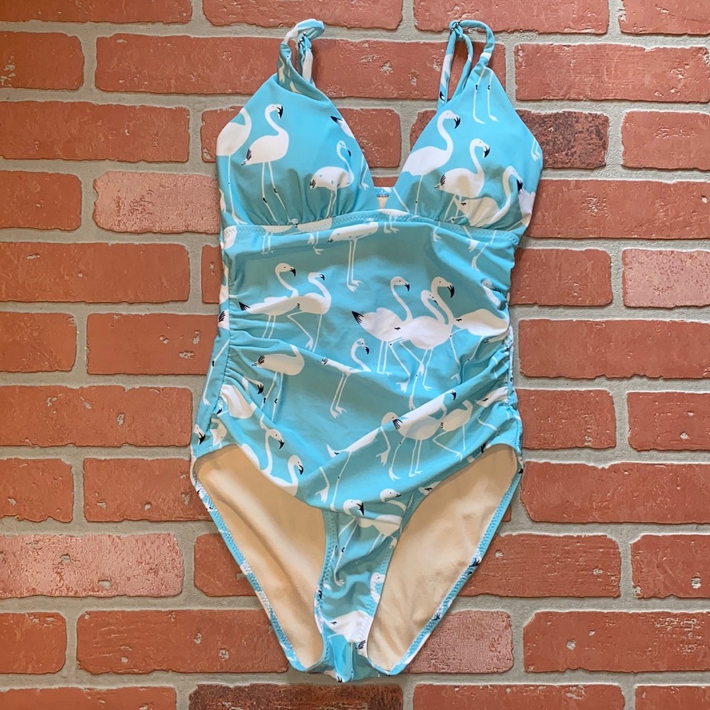 Le weekend by virginia johnson blue flamingo one piece bathing suit